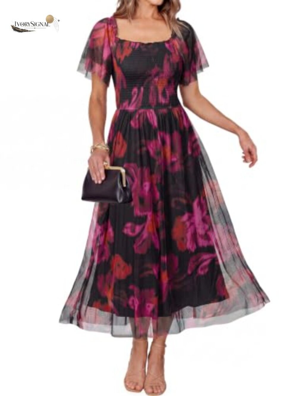 Womens Floral Mesh Maxi Dress Square Neck A-Line Boho Wedding Guest